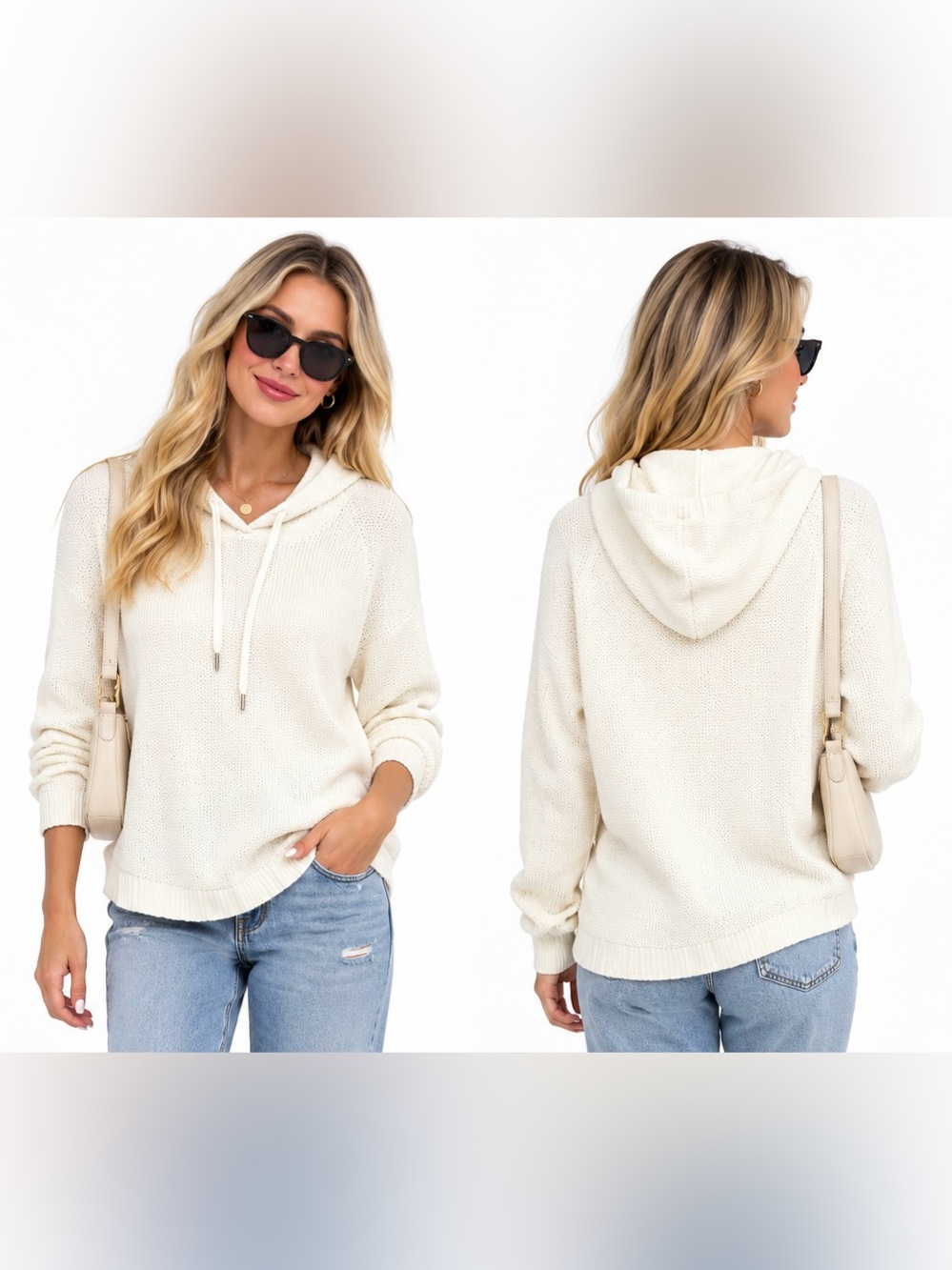 Ralph Lauren classic women’s Cream Knit Hooded Pullover size L 100% cotton